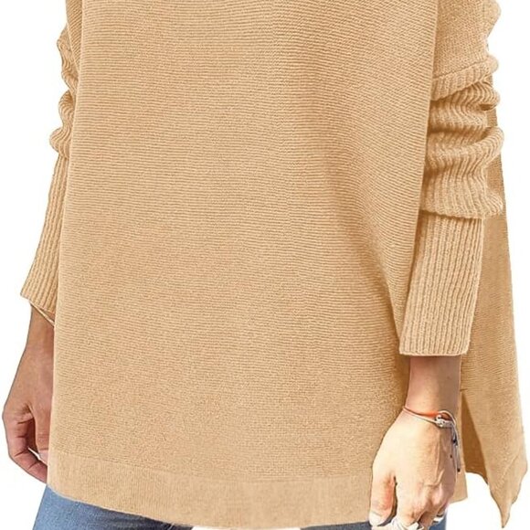 LILLUSORY Women's Khaki Turtleneck Batwing Sleeve Spilt Hem Sweater Large - Picture 3 of 7